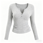 V-Neck Long Sleeve Cotton Henley Shirt